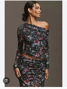 Anthropologie Black Floral Mesh Asymmetric Long-Sleeve Top NWT